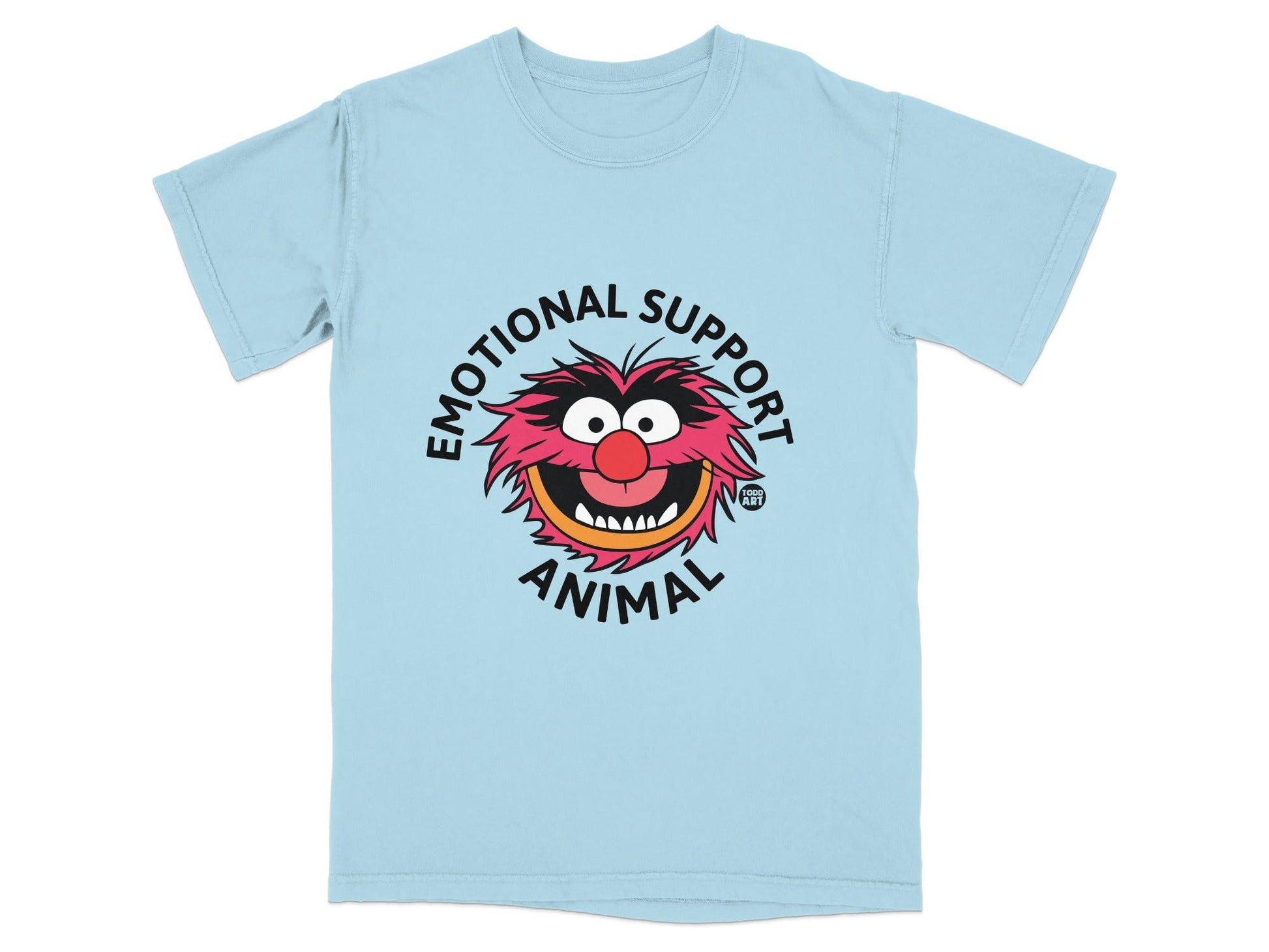 Light blue t-shirt with The Muppets Animal's face and "Emotional Support Animal" text.