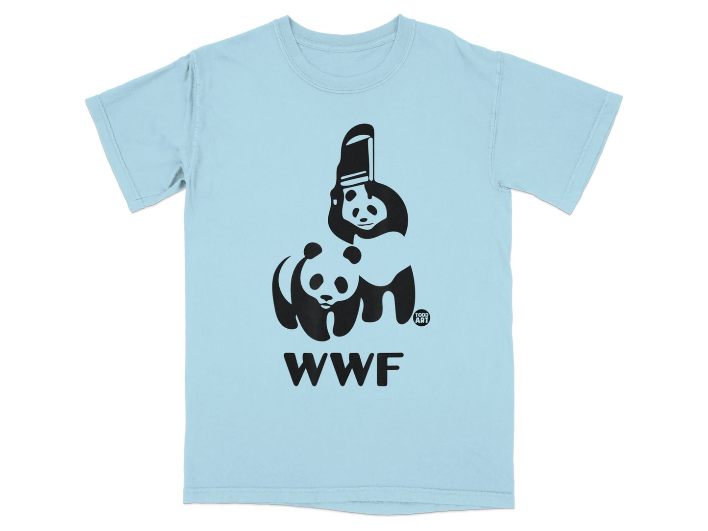 Light blue t-shirt with black WWF panda logo and "GOOD ART" tag.