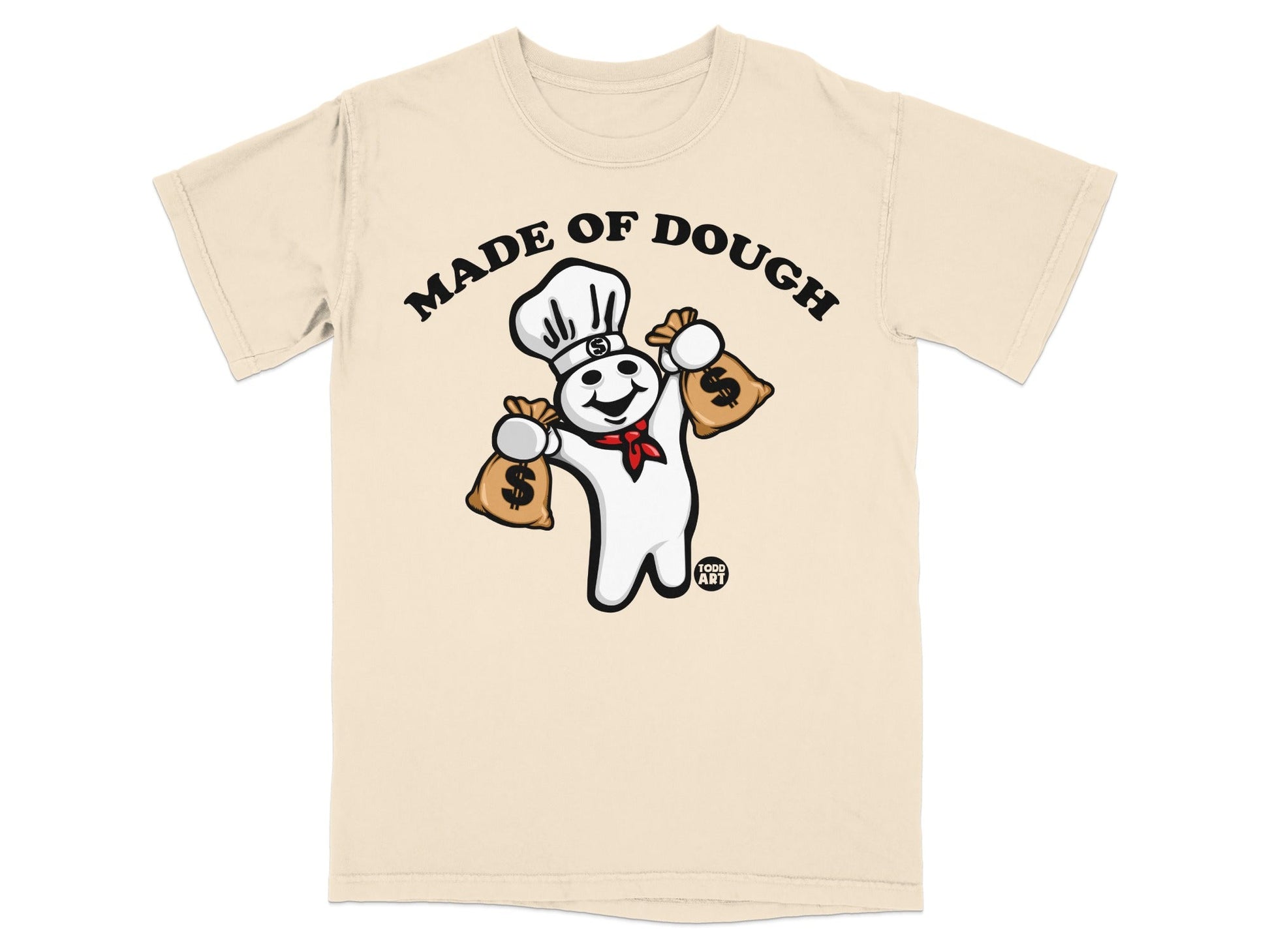 Pillsbury Doughboy with money bags, wearing chef hat and bandana.