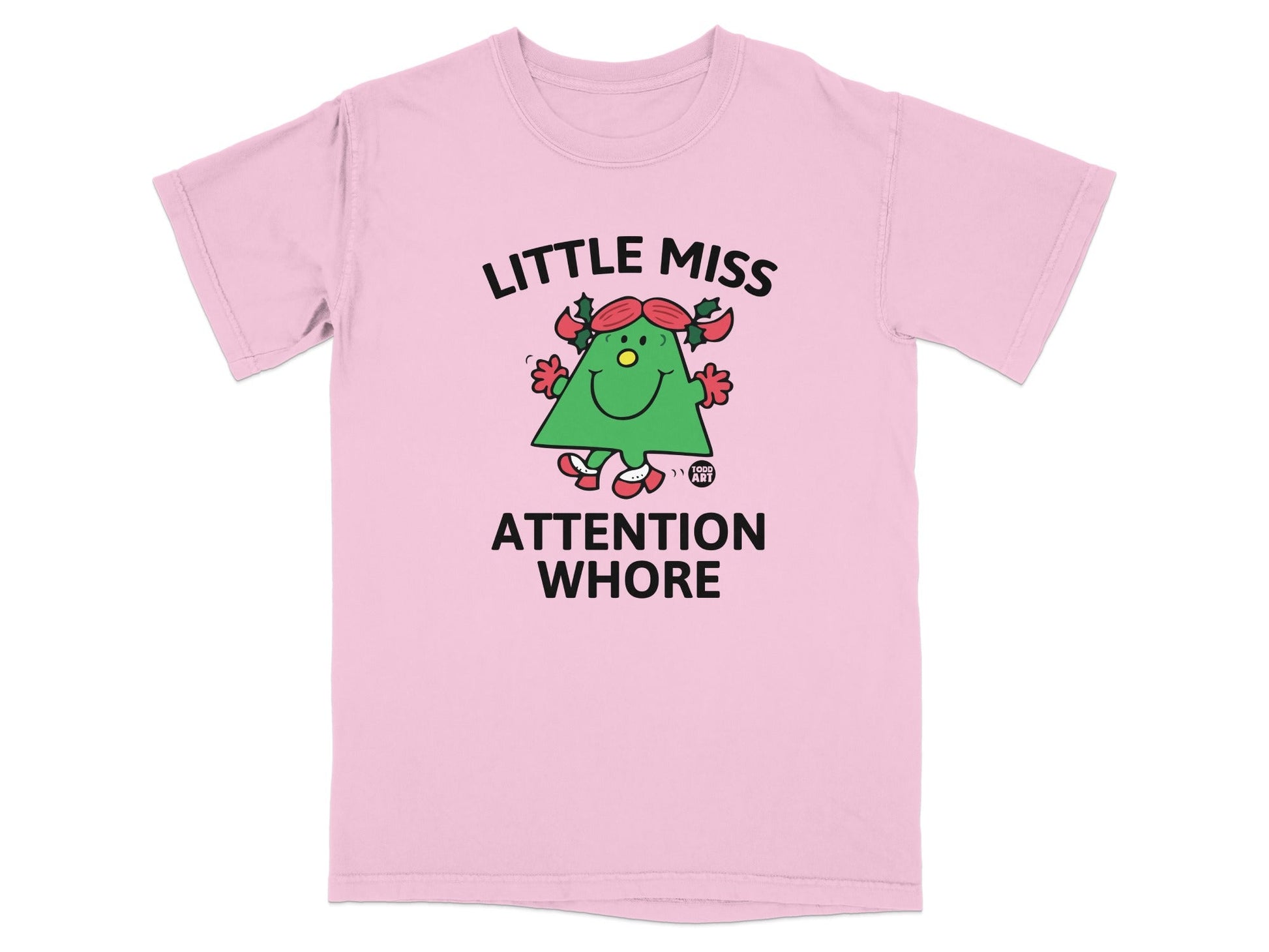 Pink t-shirt with cartoon girl saying "Attention Whore."