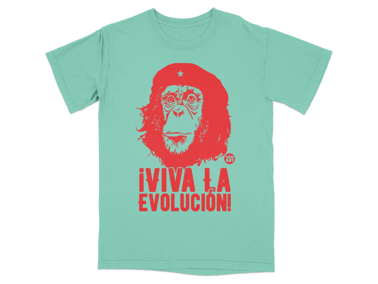 Teal t-shirt with red graphic of Che Guevara and "¬°VIVA LA EVOLUCI√ìN!" text.