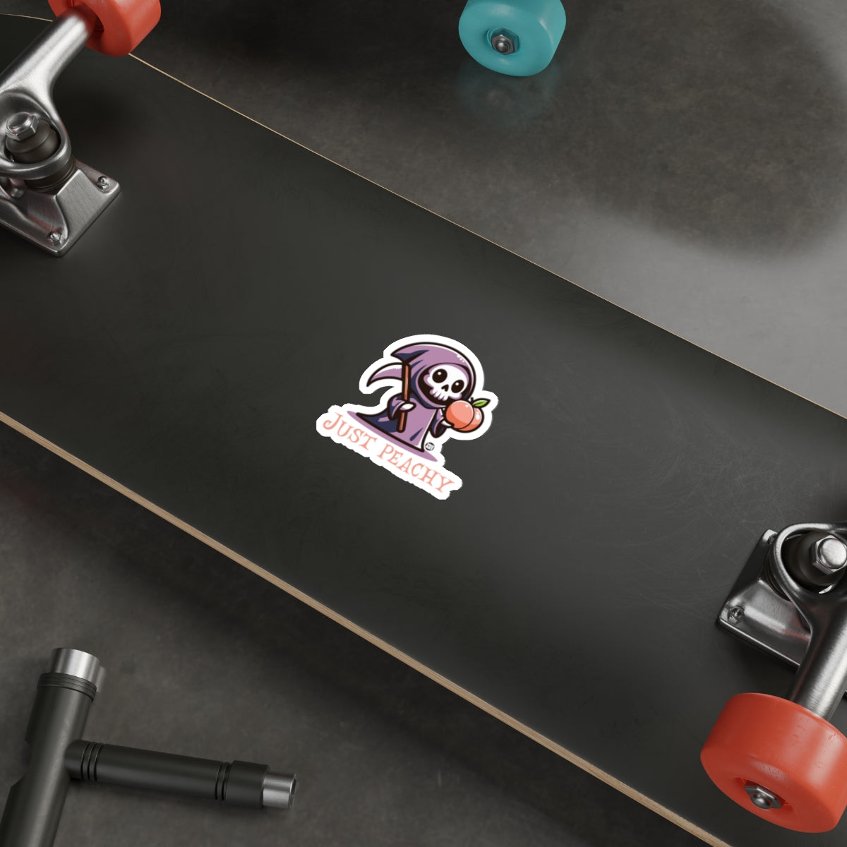Just Peachy Grim Reaper Holding Peach Cartoon Stickers