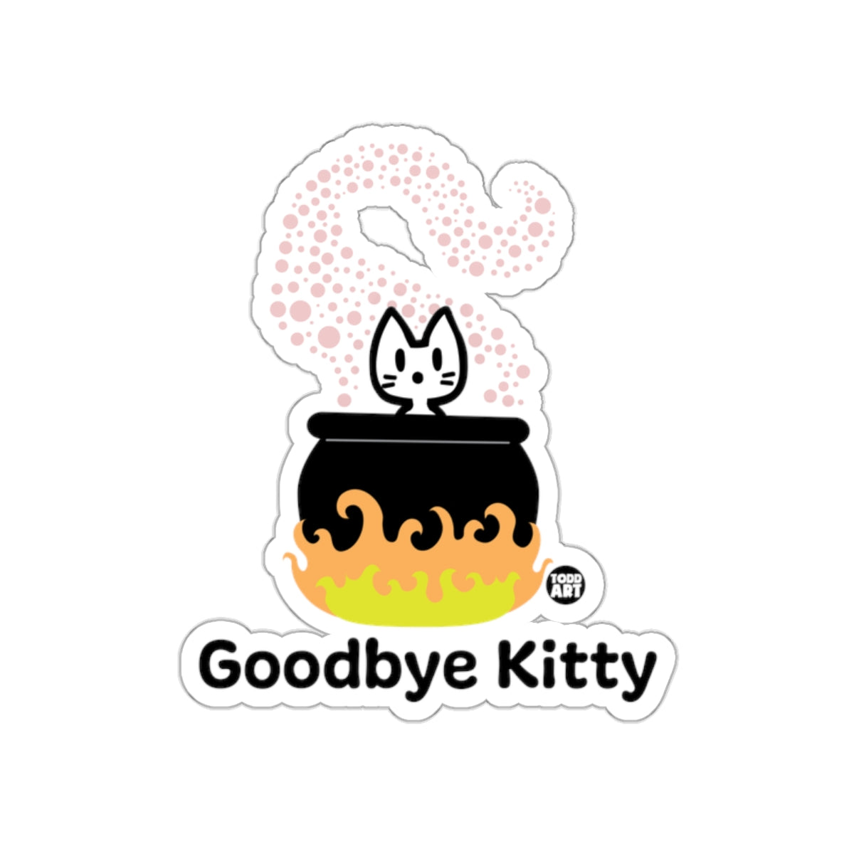 Goodbye Kitty Black Cauldron Sticker with Fire Design