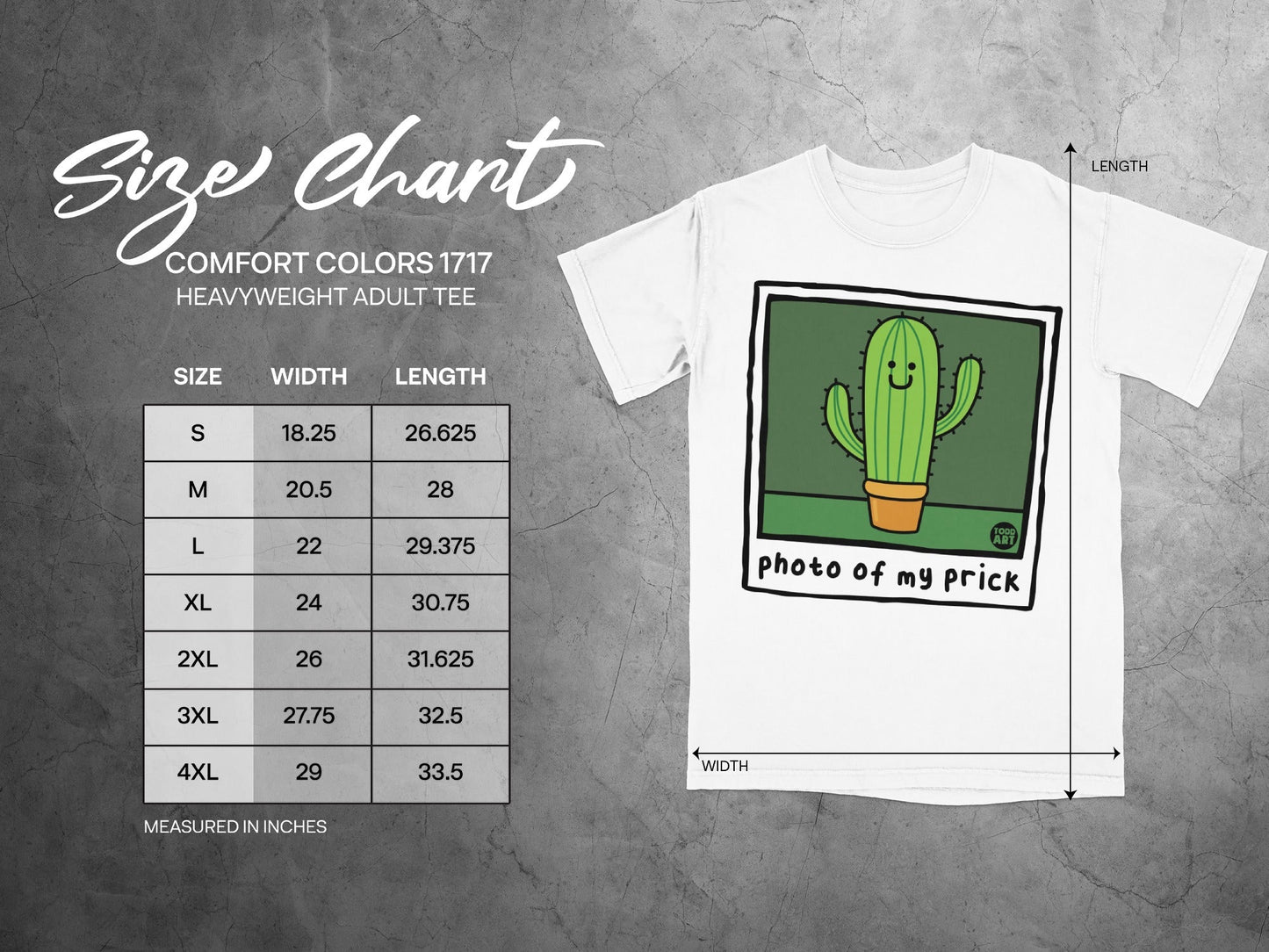 Comfort Colors 1717 size chart with t-shirt graphic.