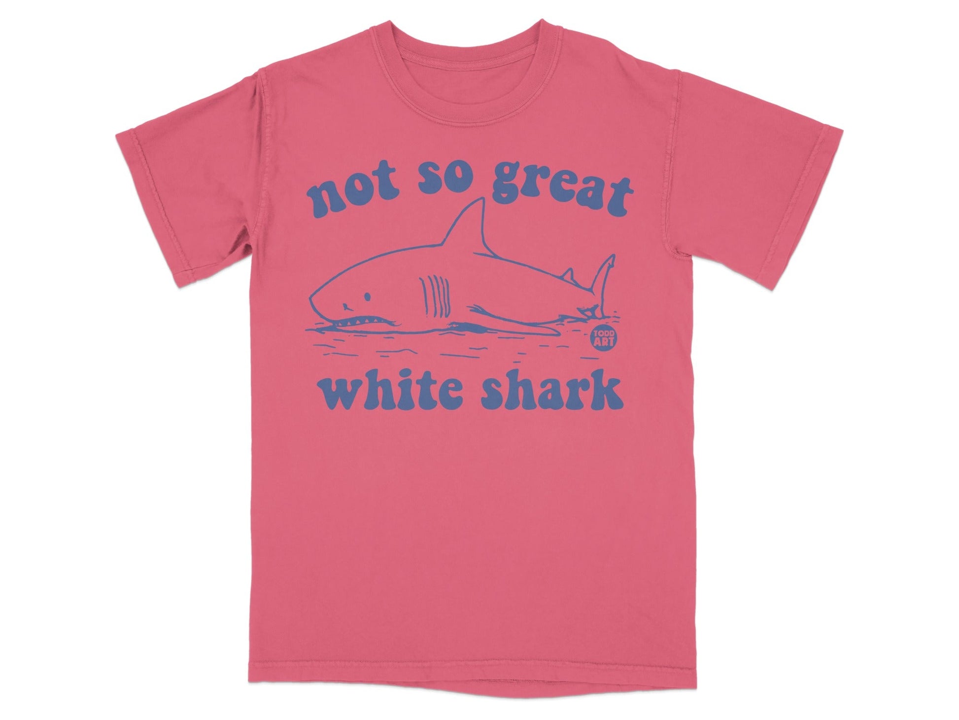 Pink t-shirt with a blue cartoon shark and text that says "not so great white shark".