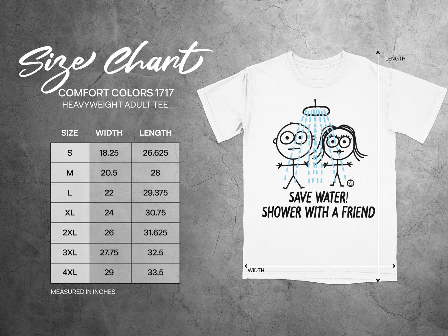 Comfort Colors 1717 heavyweight adult tee size chart with graphic.