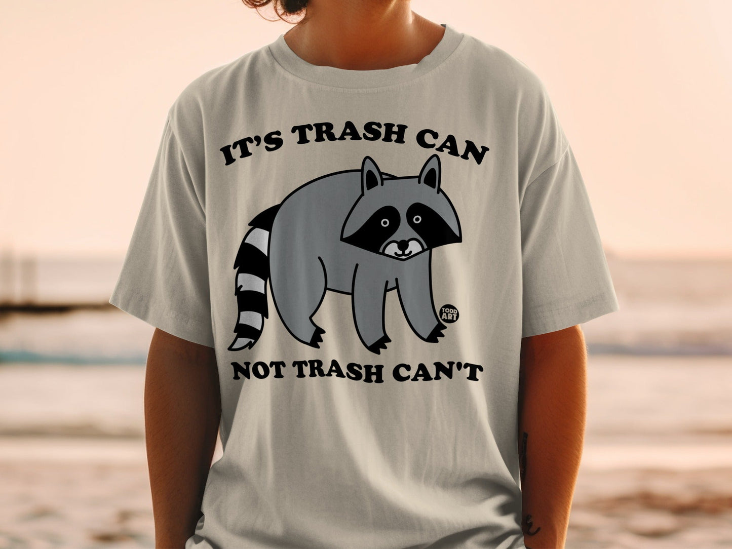 Light gray t-shirt with raccoon graphic and text "IT'S TRASH CAN NOT TRASH CAN'T".