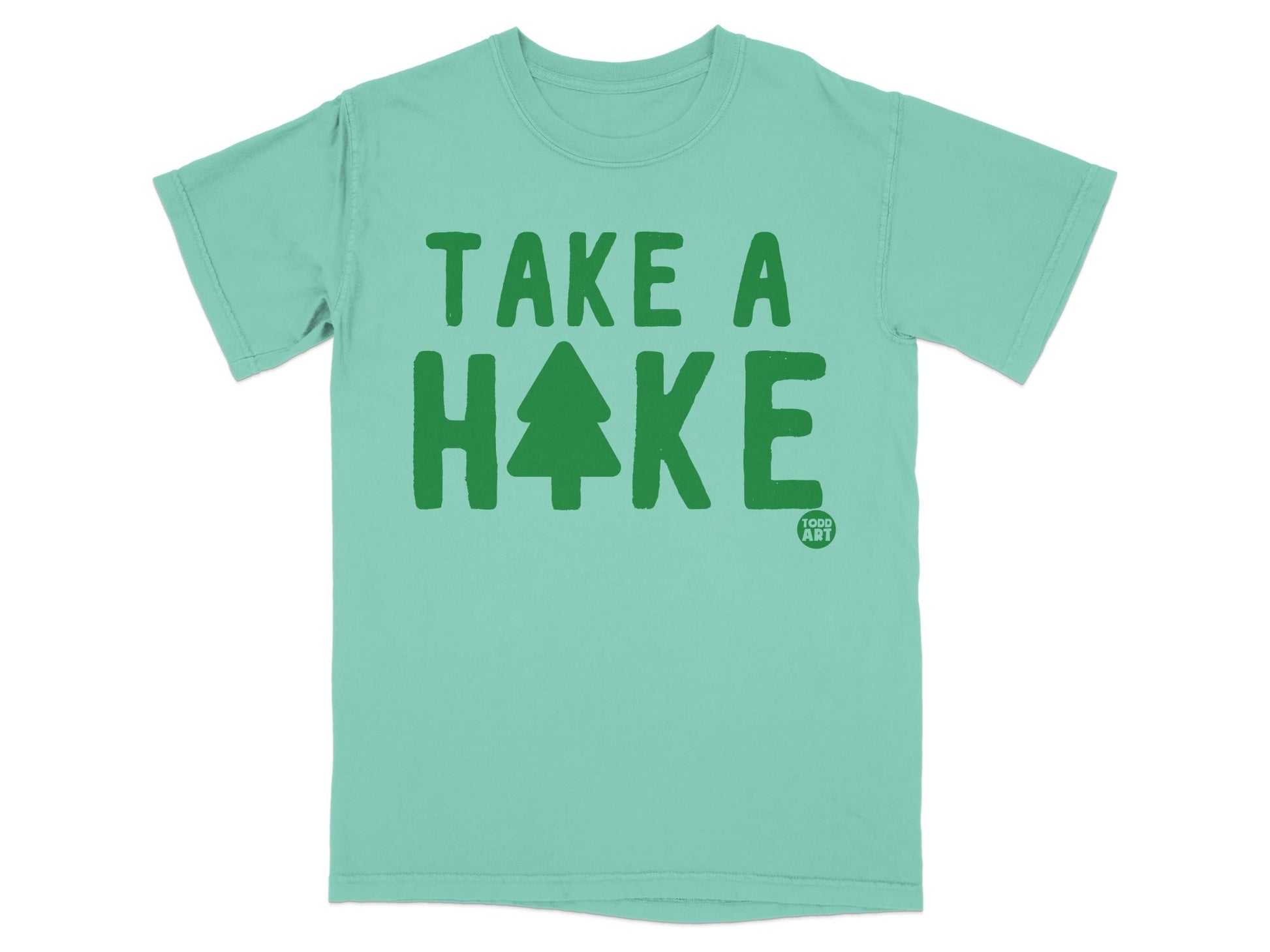 Teal t-shirt with green "TAKE A HIKE" text and a pine tree graphic.