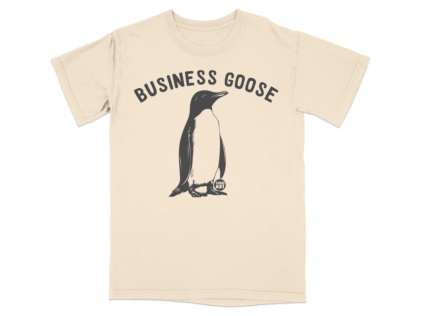 T-shirt with a penguin graphic and "BUSINESS GOOSE" text.
