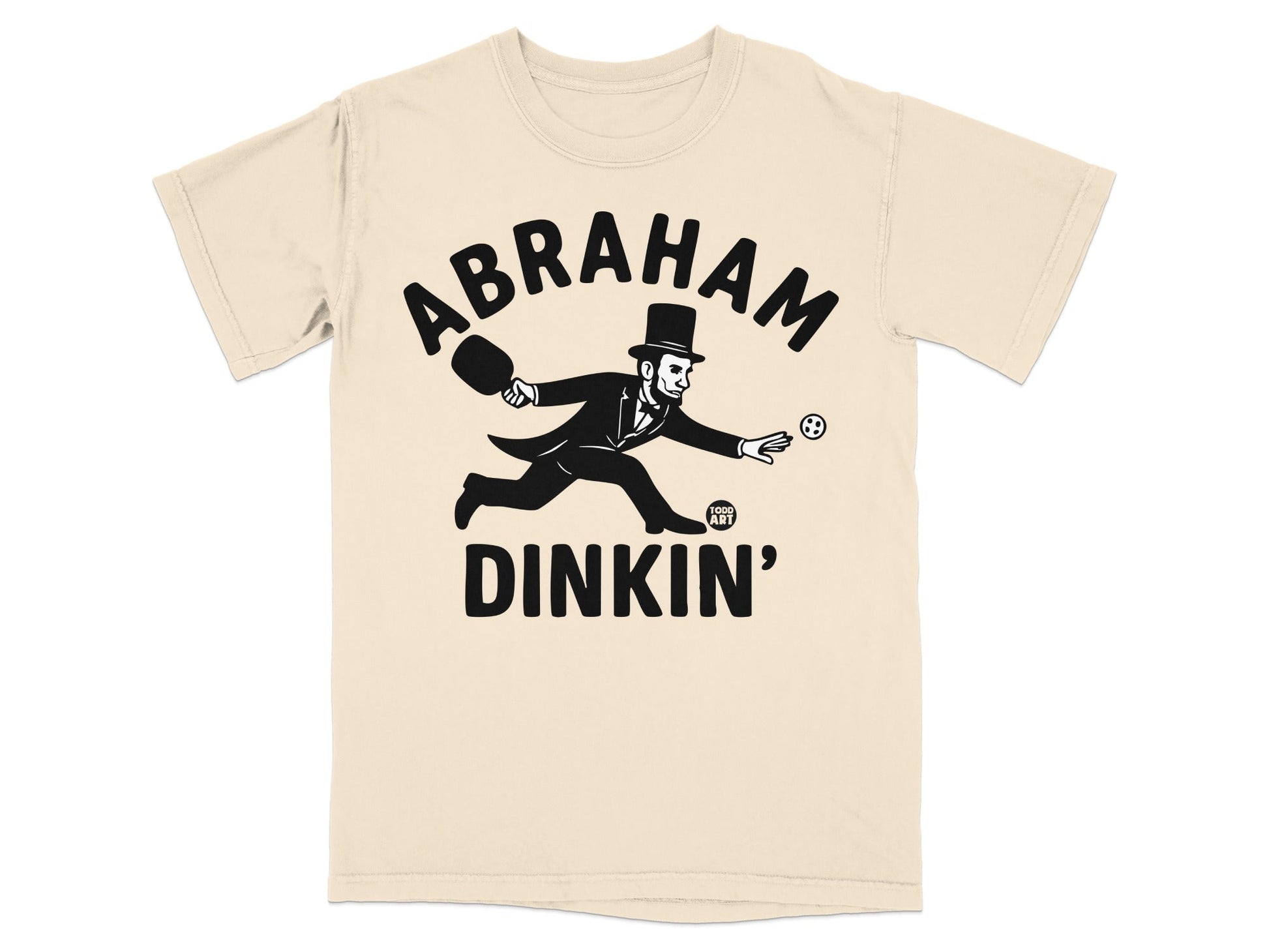 T-shirt with "ABRAHAM DINKIN'" text and silhouette of a man playing pickleball.