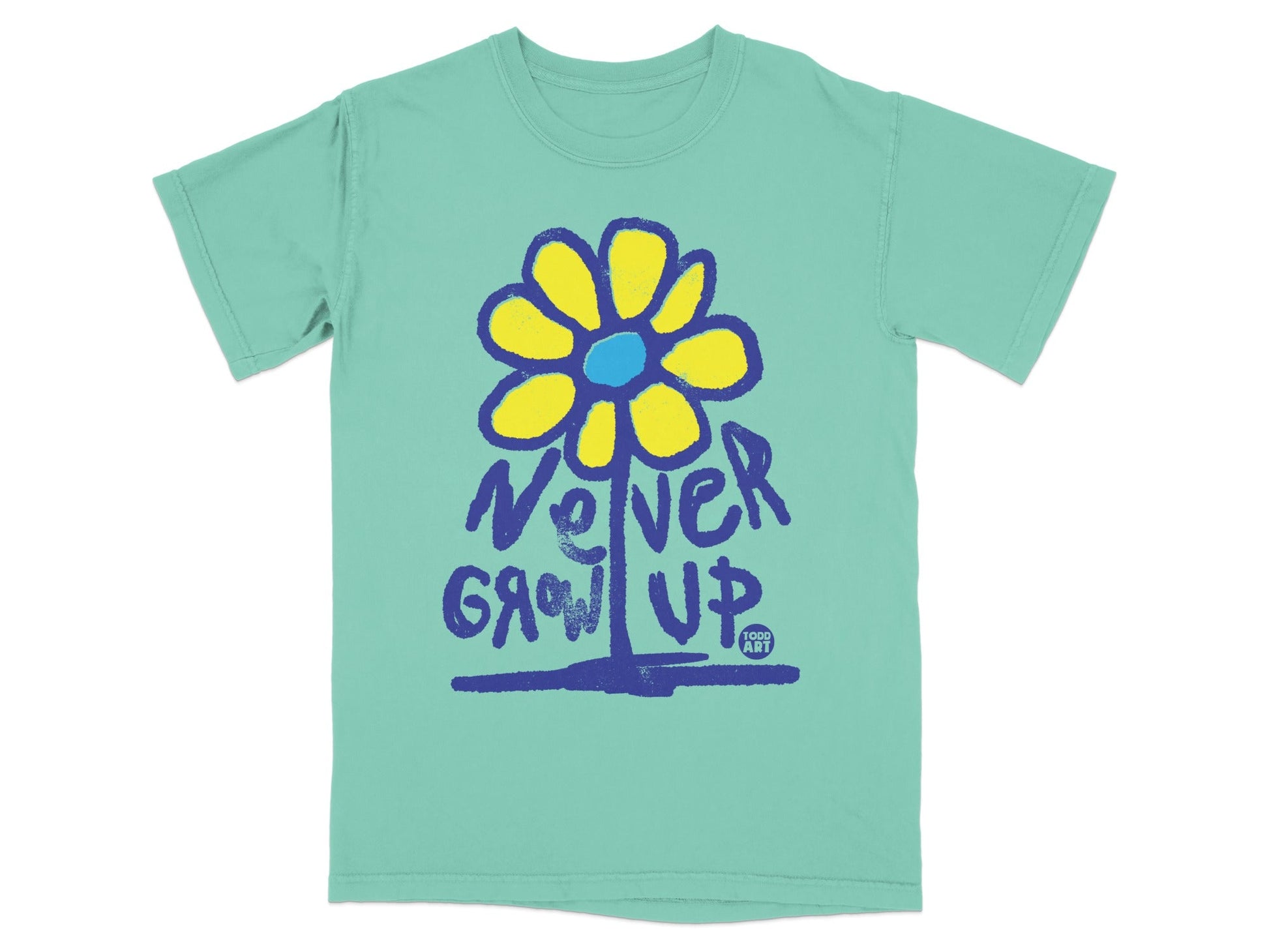 Teal t-shirt with "Never Grow Up" text and a yellow and blue flower graphic.