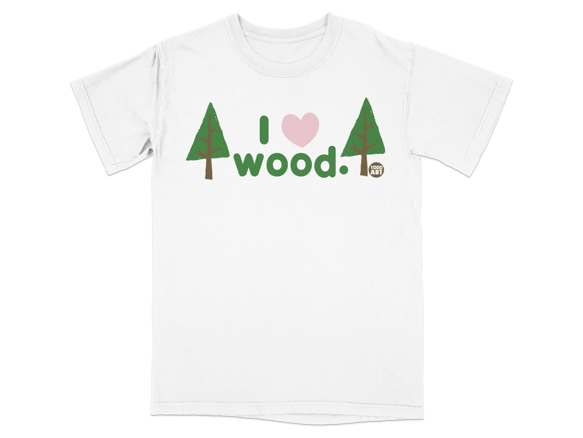 White t-shirt with "I heart wood" graphic featuring trees and a heart.
