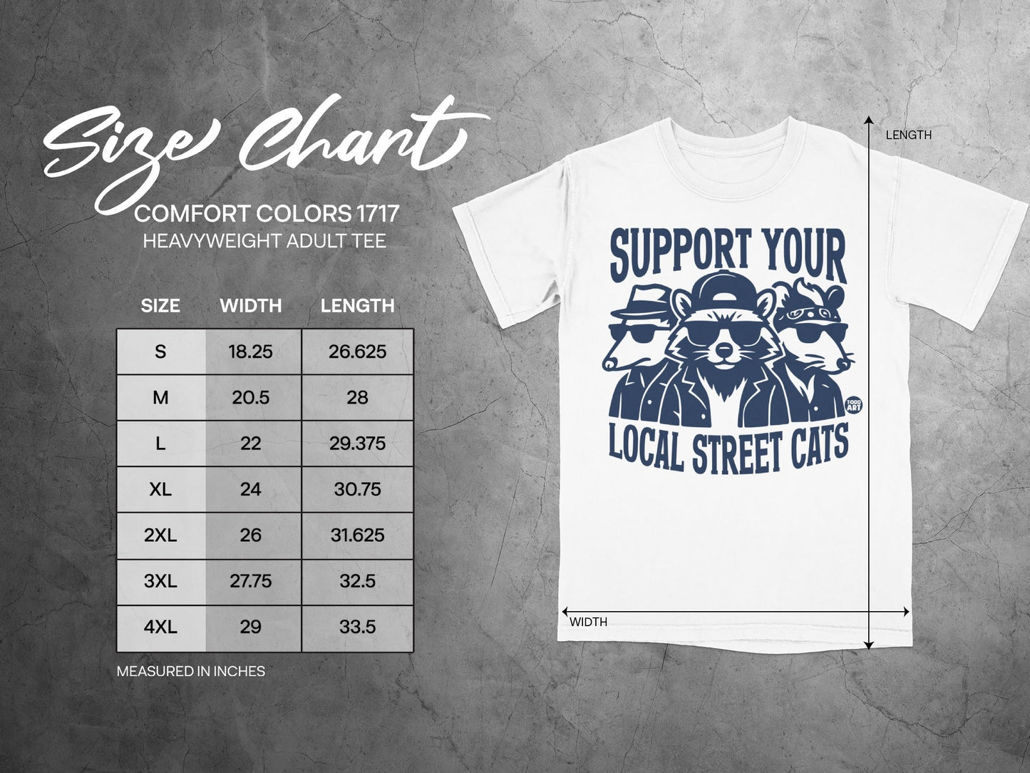 Comfort Colors 1717 heavyweight adult tee size chart with measurements.
