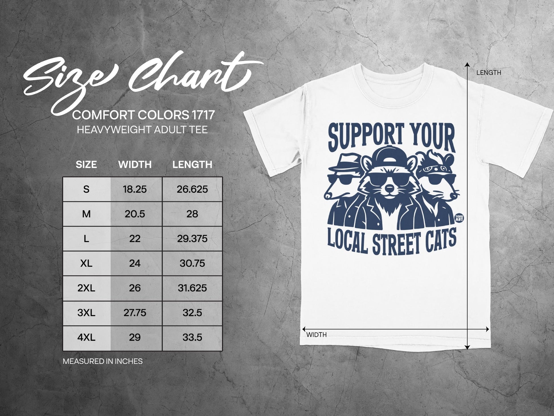 Comfort Colors 1717 heavyweight adult tee size chart with measurements.