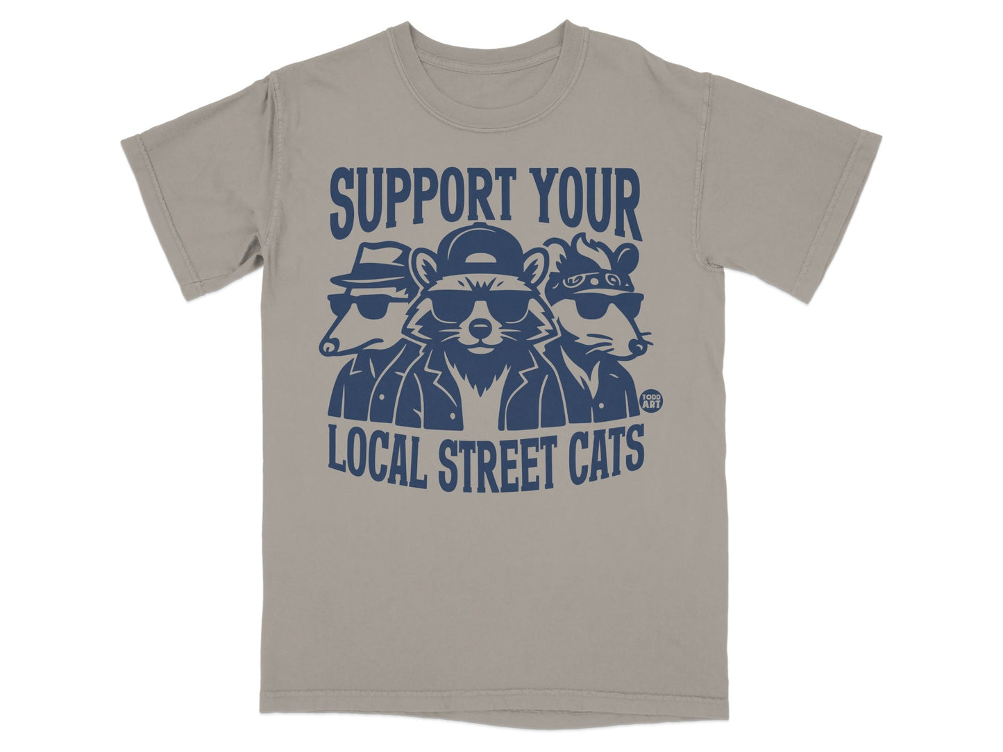 T-shirt with graphic of three masked raccoons wearing hats and sunglasses.