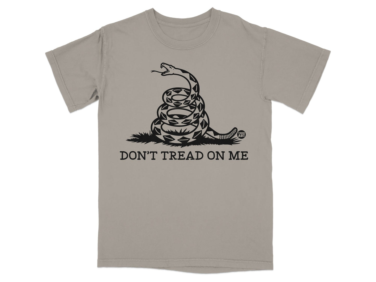 Gray t-shirt with coiled snake and "DON'T TREAD ON ME" text.