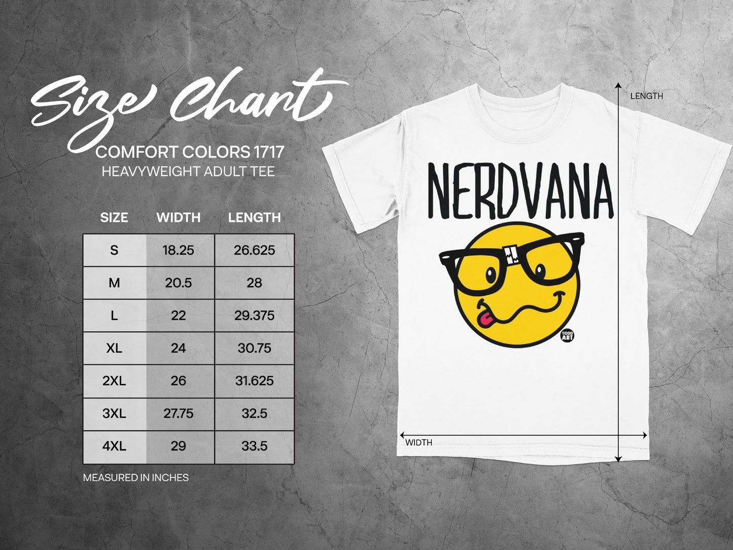 Nerdvana heavy weight adult tee size chart with width and length measurements.