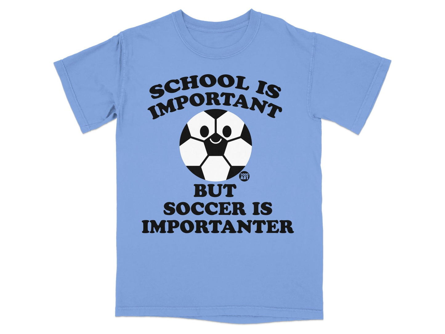 Blue t-shirt with "School is Important But Soccer is Importanter" and soccer ball graphic.