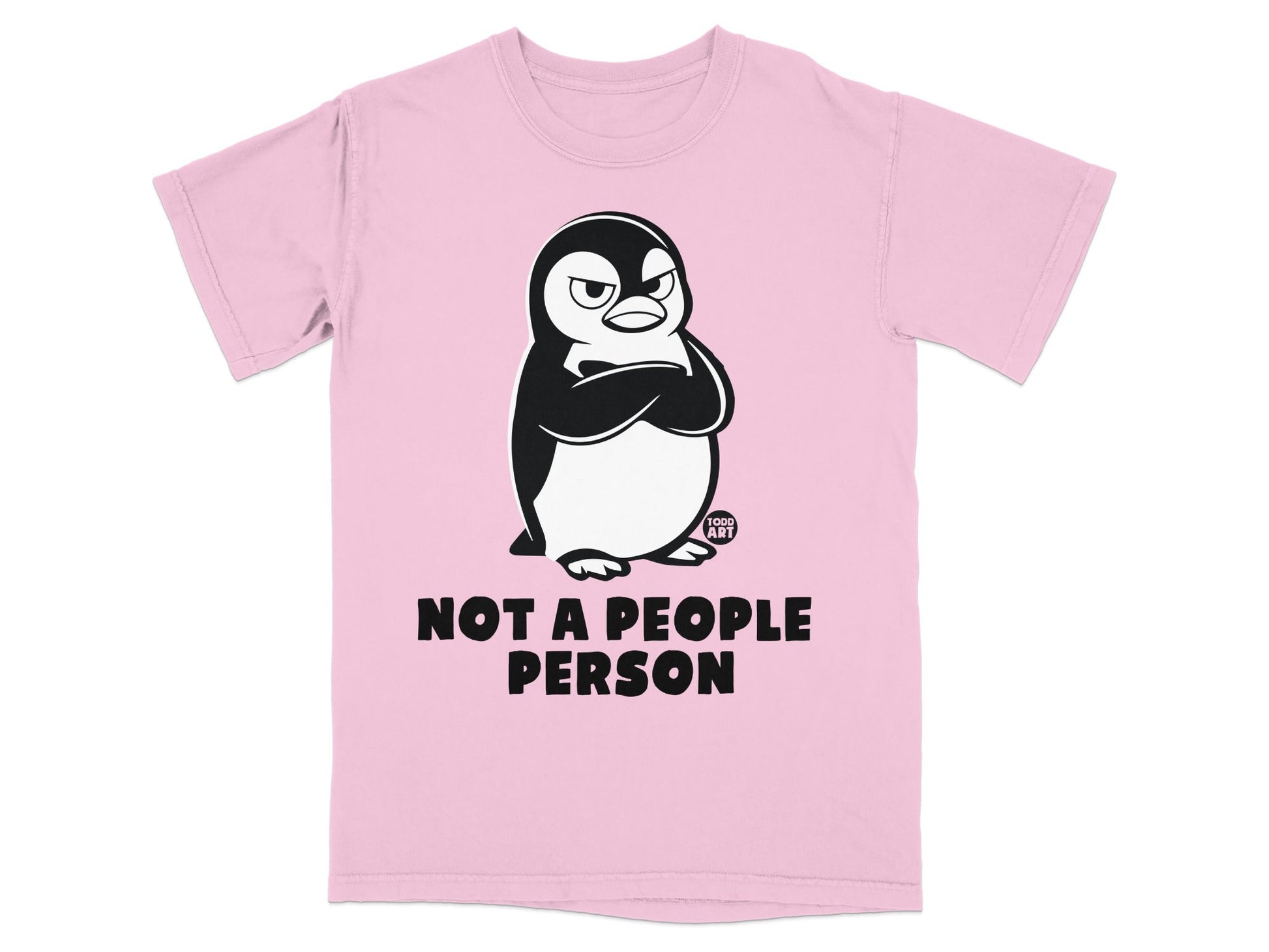 Pink t-shirt with a grumpy penguin and "NOT A PEOPLE PERSON" text.