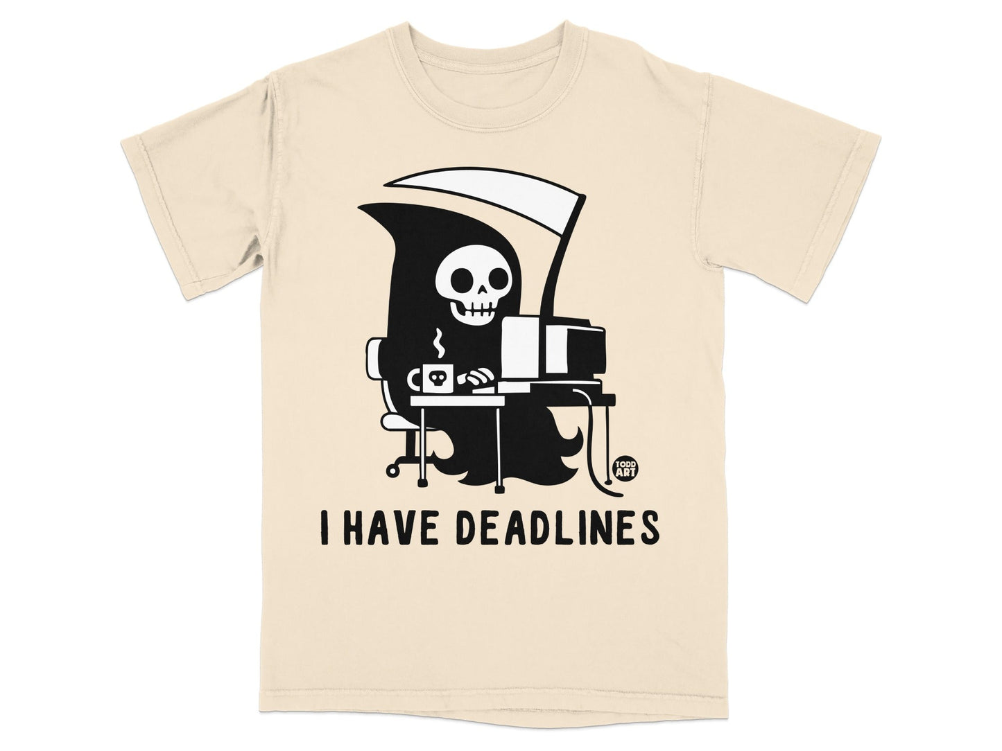 Grim reaper with coffee at computer, text "I HAVE DEADLINES".