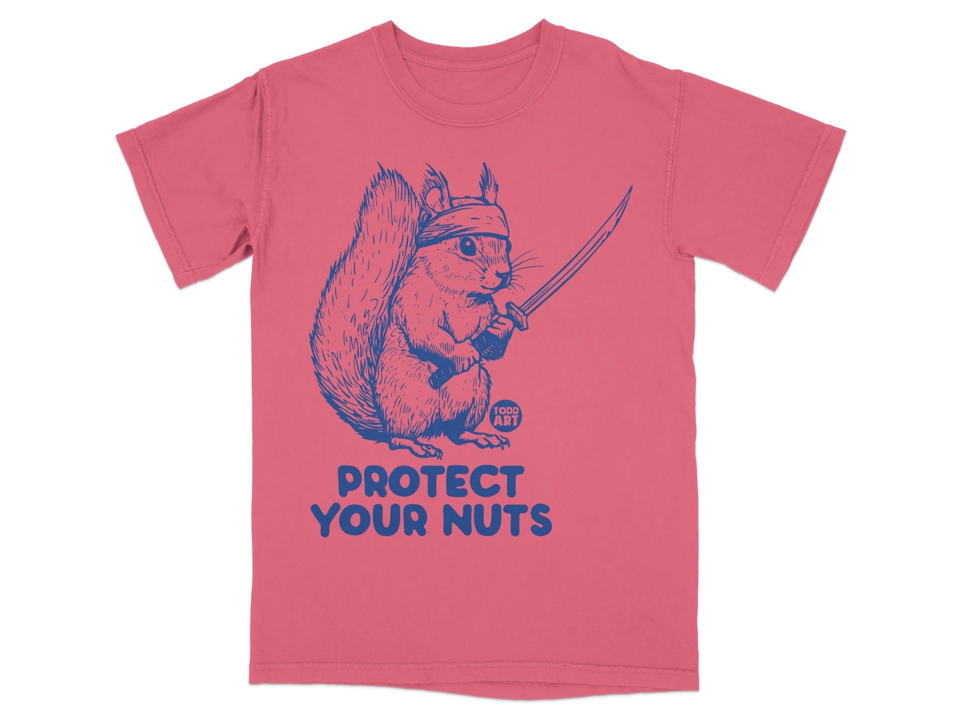 T-shirt with a blue cartoon squirrel wearing a bandana, holding a sword.