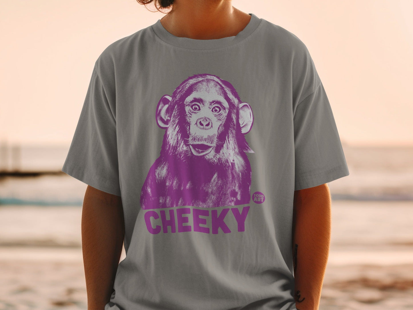 Grey t-shirt with a purple chimpanzee graphic and "CHEEKY" text.
