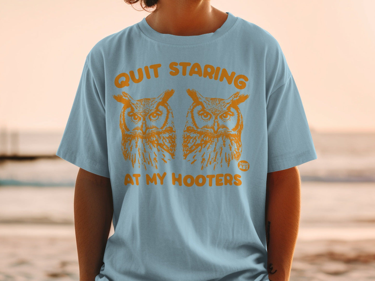 Blue t-shirt with two orange owls and text "Quit staring at my hooters".