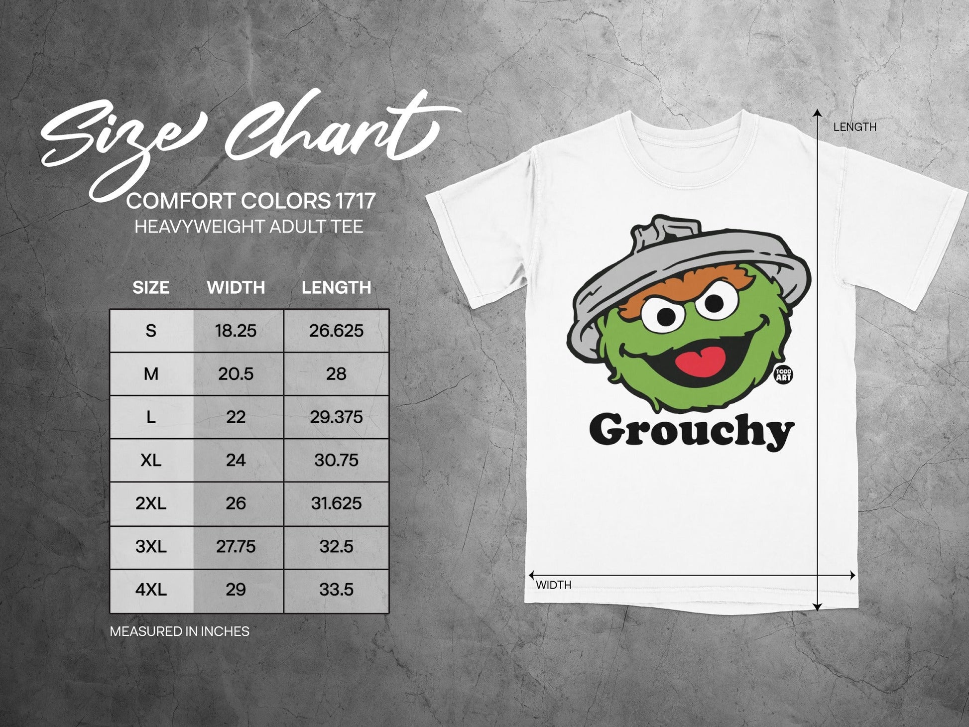 Comfort Colors 1717 heavyweight adult tee size chart with dimensions.