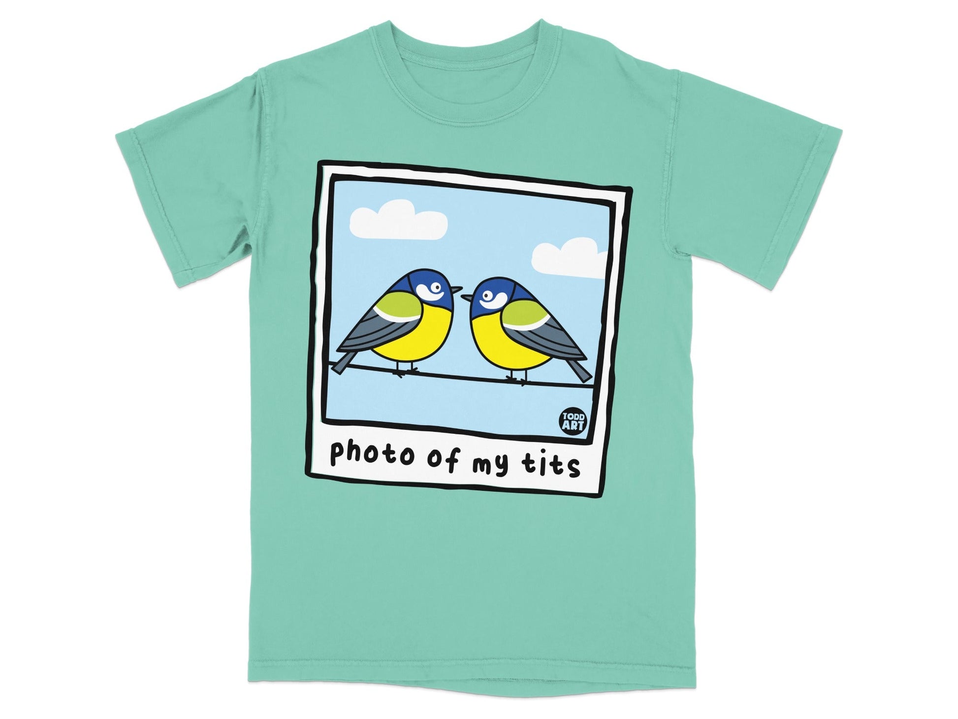 Two birds on a wire with text "photo of my tits" and "LOGO ART".