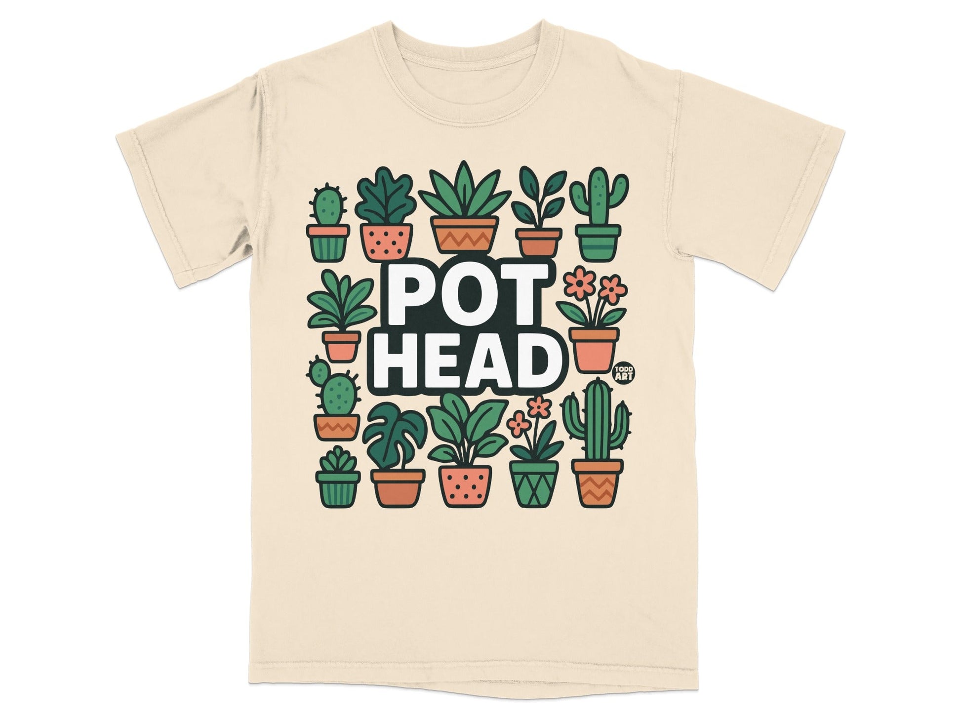 T-shirt with "POT HEAD" text surrounded by potted plants and cacti.