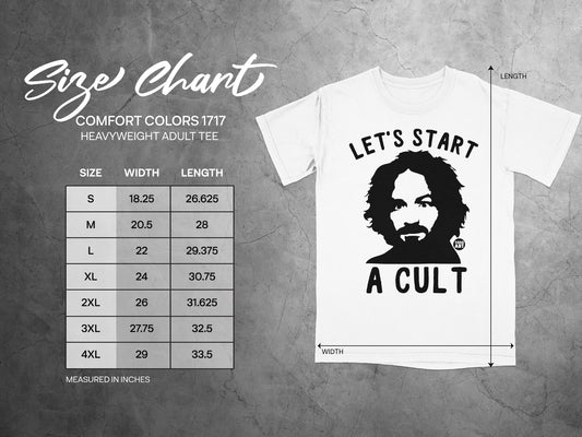 Comfort Colors 1717 heavyweight t-shirt size chart with measurements.