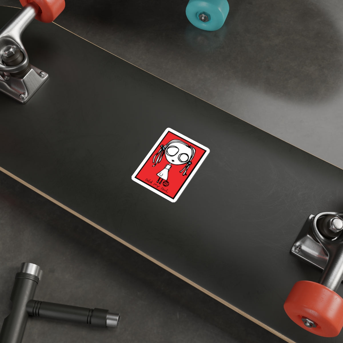Red Rectangular Sticker With Cartoon Girl Design