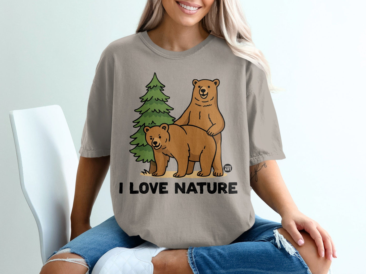 I Love Nature Cartoon Bears Graphic Tee Shirt