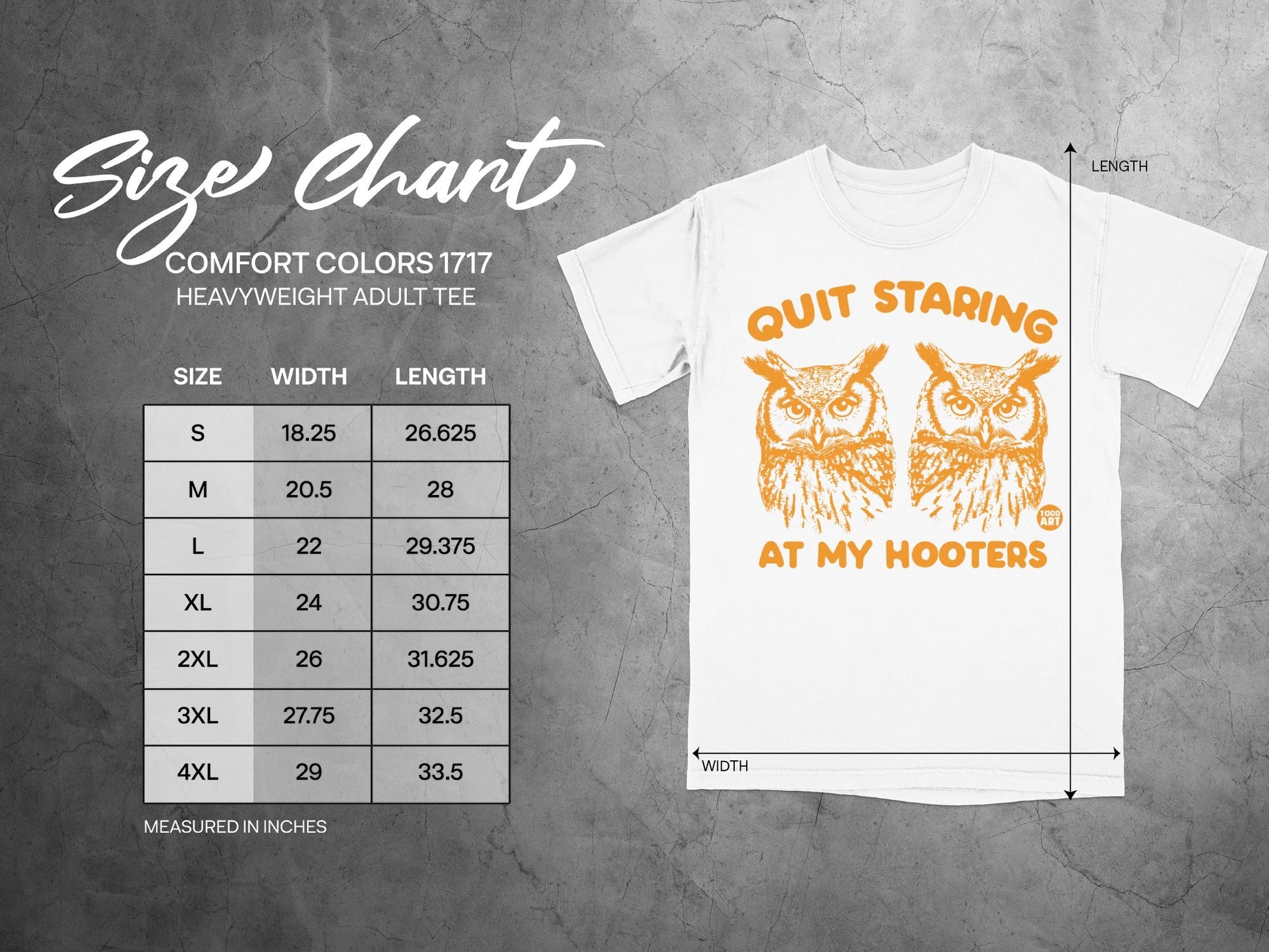 Size chart for Comfort Colors 1717 heavyweight adult tee with owl graphic.