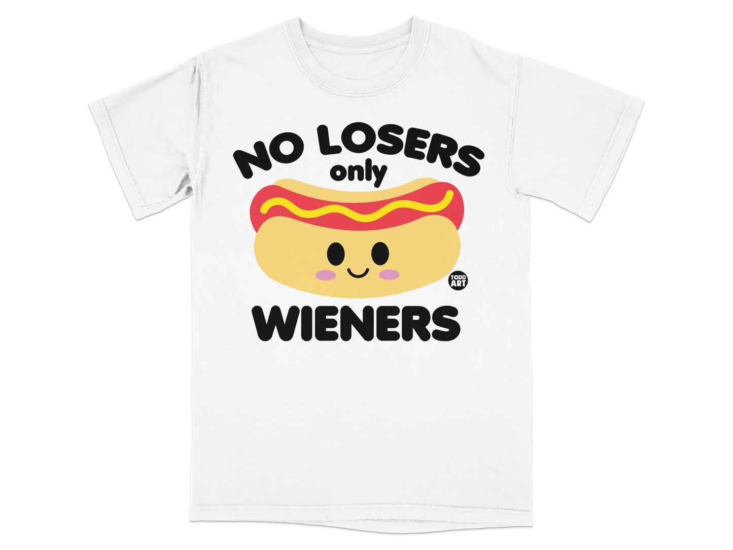 White t-shirt with "No Losers only Wieners" text and a cartoon hot dog.
