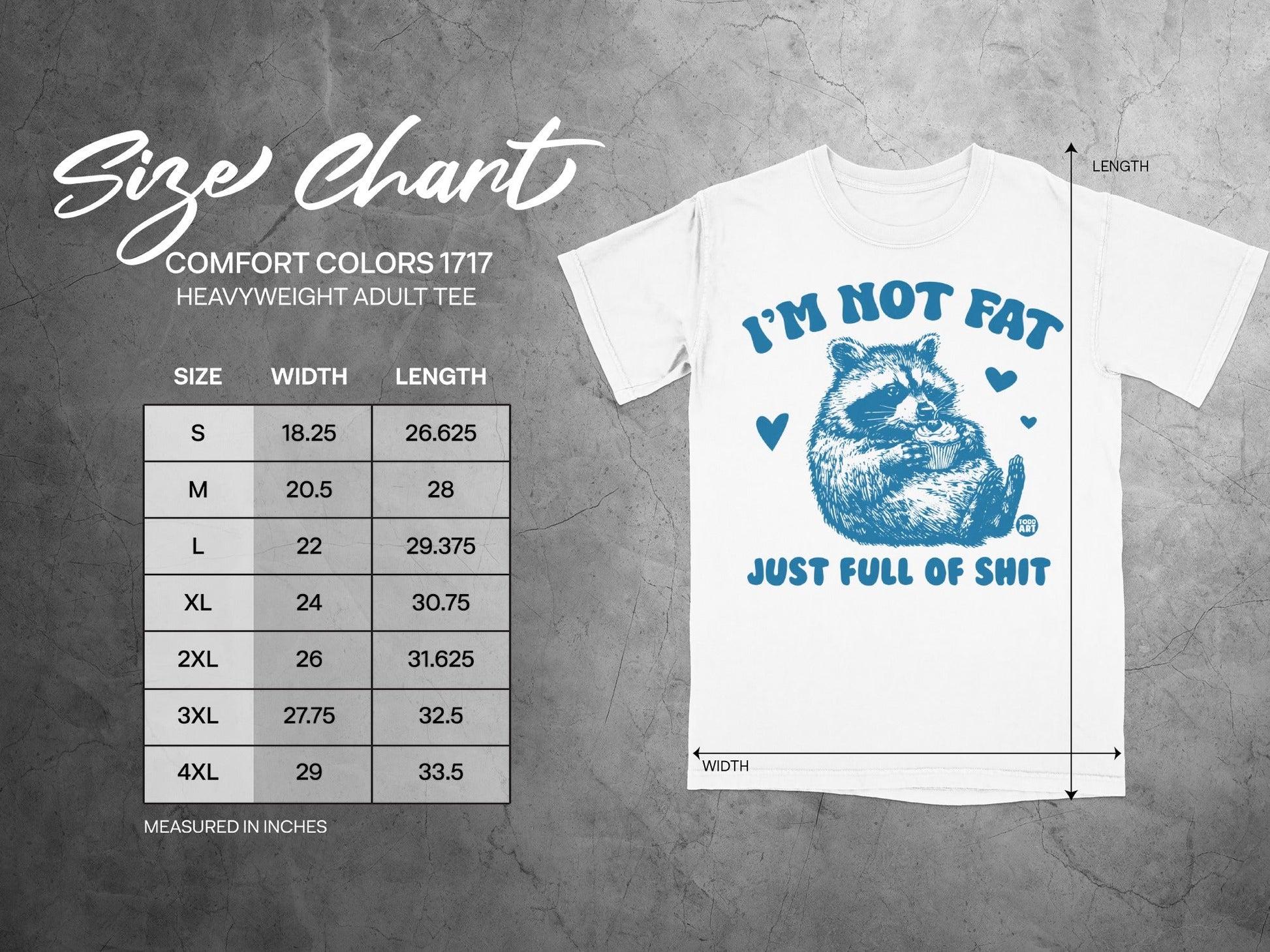 Size chart for Comfort Colors heavyweight adult tee with raccoon graphic.