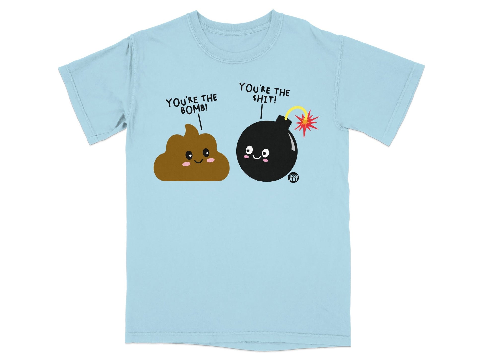 Light blue t-shirt with a cartoon poop emoji and bomb, both with faces and text.