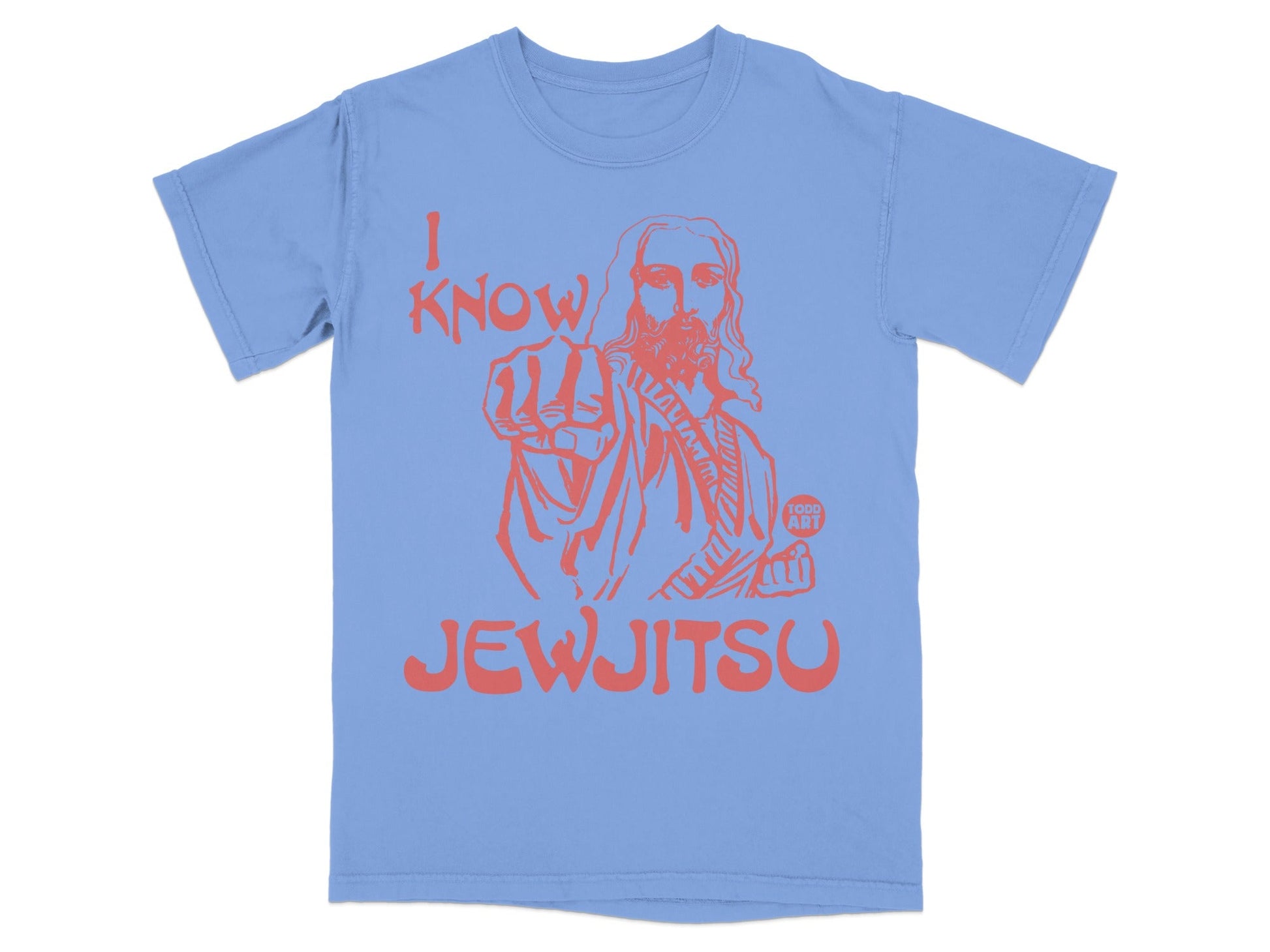 Blue t-shirt with "I KNOW JEWJITSU" and Jesus pointing directly at viewer.