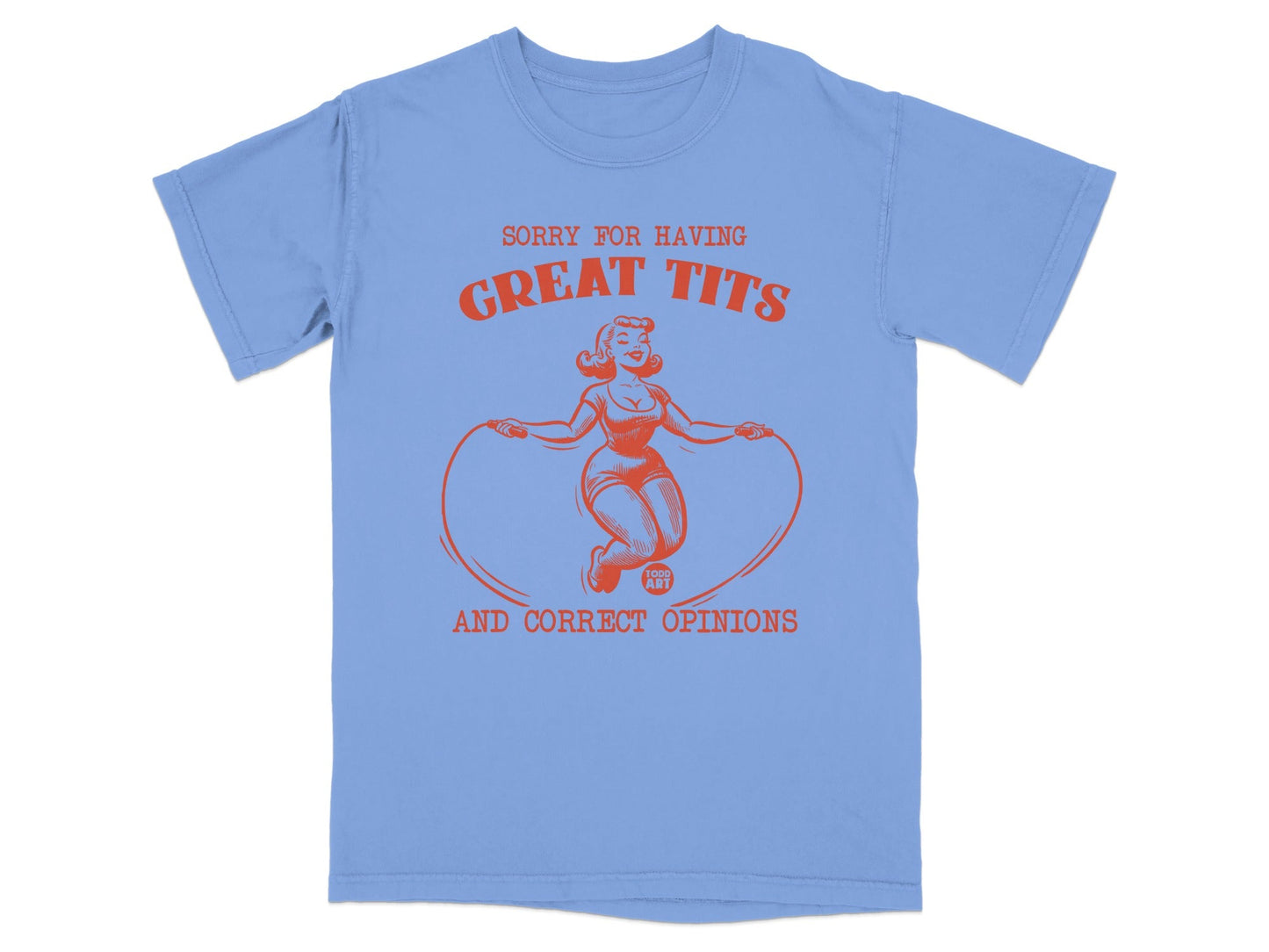Blue t-shirt with graphic of a woman jumping rope and text.