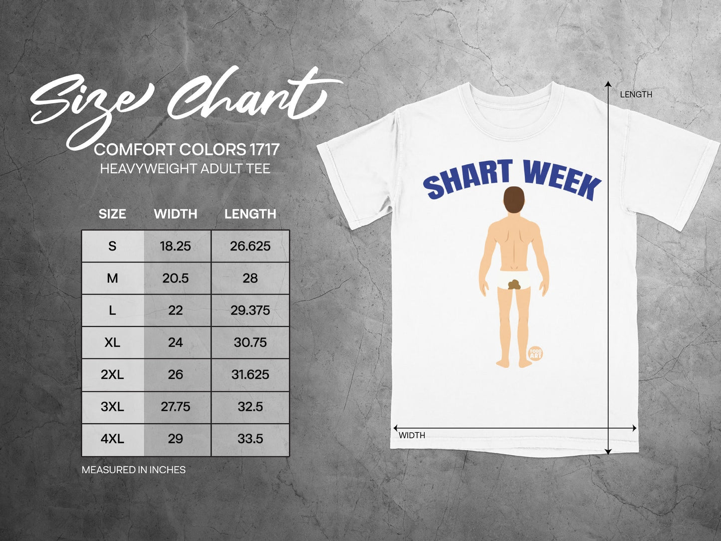 Comfort Colors 1717 heavyweight adult tee size chart with graphic.