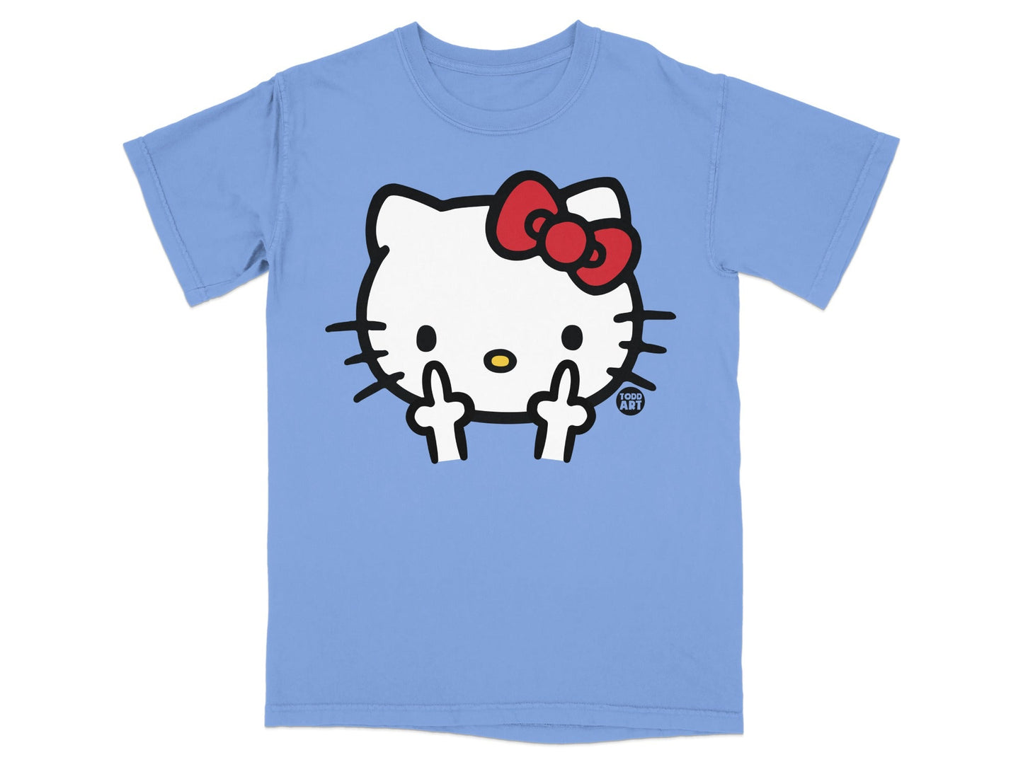 Blue t-shirt with Hello Kitty giving the middle finger gesture.