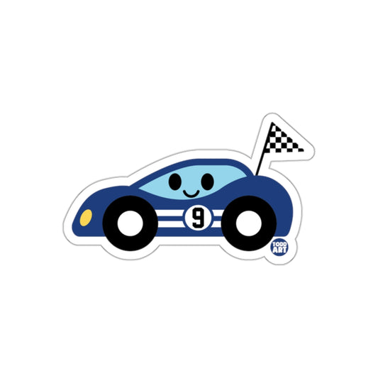 Cute Blue Race Car with Number 9 Cartoon Sticker
