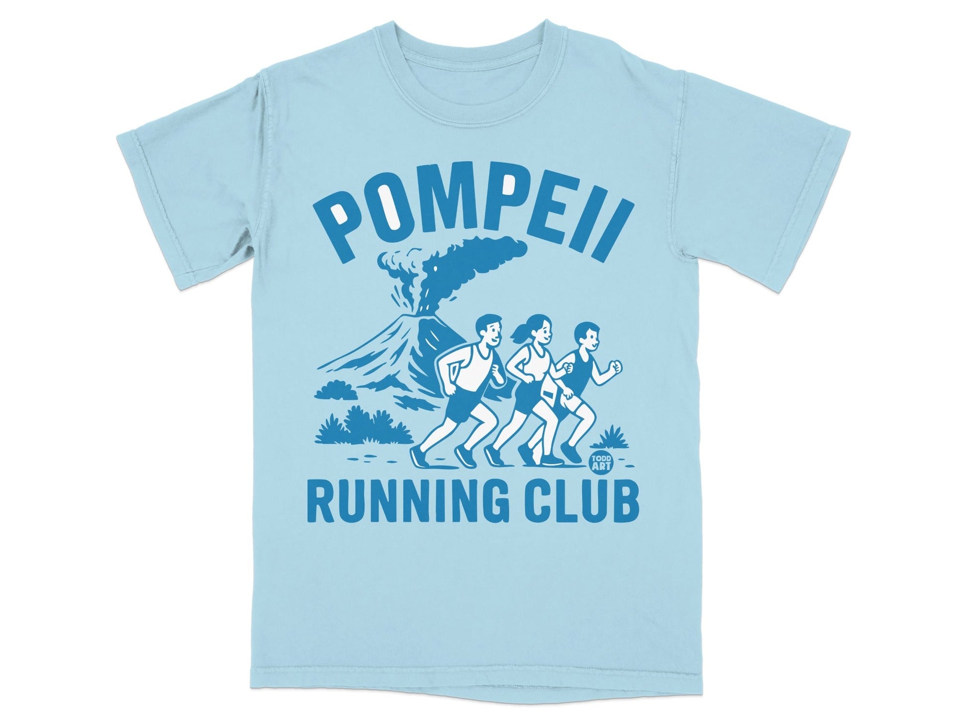 Light blue t-shirt with "Pompeii Running Club" text and graphic of runners near a volcano.