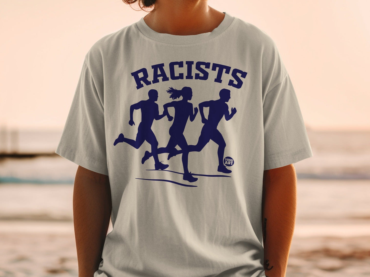 T-shirt with navy blue graphic of three runners and text "RACISTS".