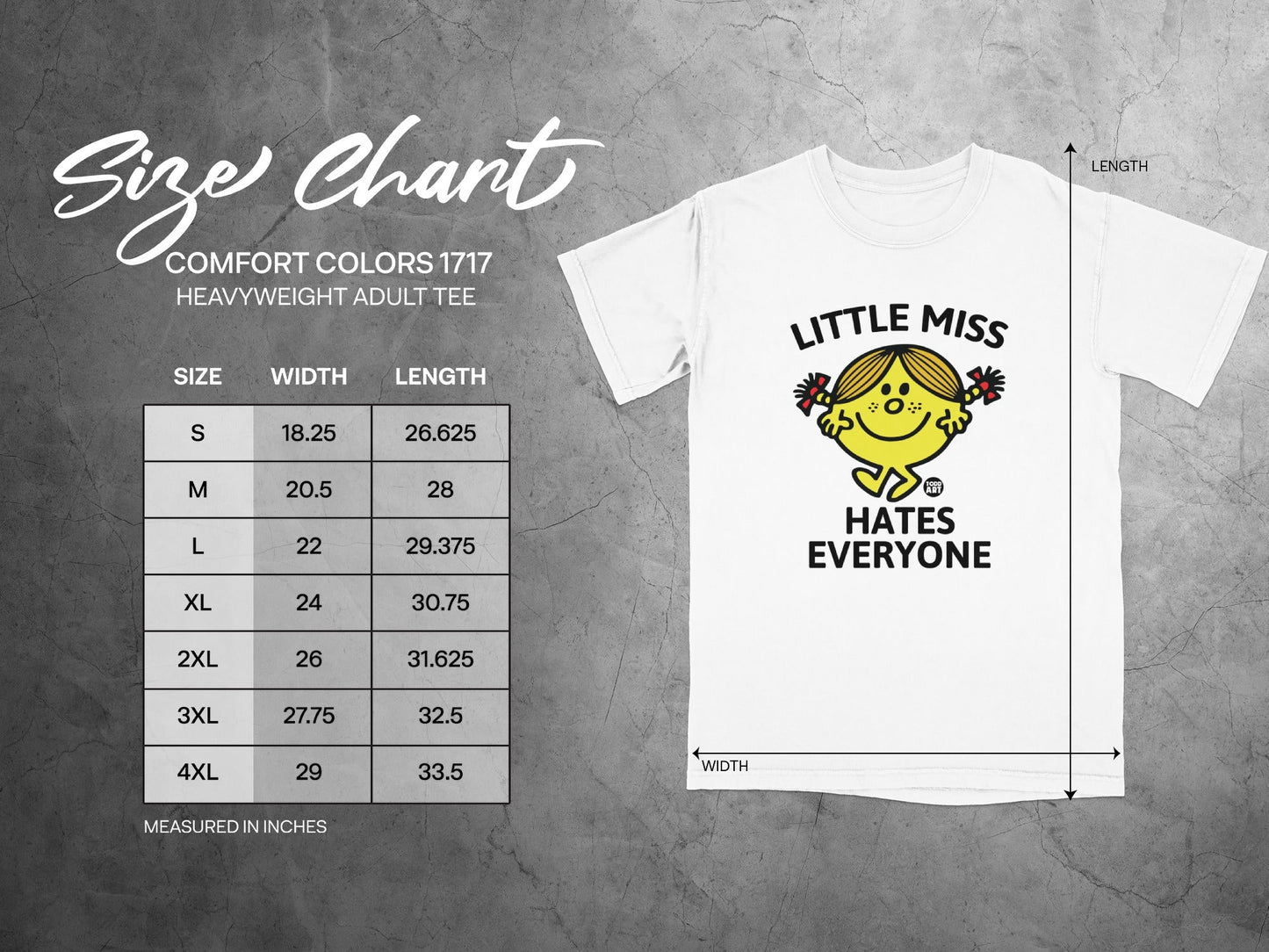 Size chart for Comfort Colors 1717 heavyweight adult tee with width and length measurements.