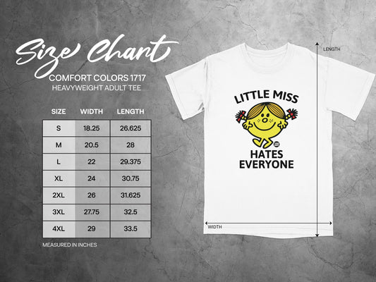 Size chart for Comfort Colors 1717 heavyweight adult tee with width and length measurements.