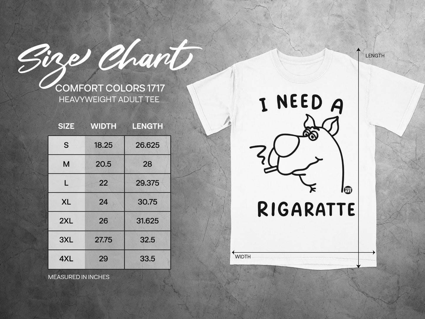 Size chart for Comfort Colors 1717 heavyweight adult tee with graphic.
