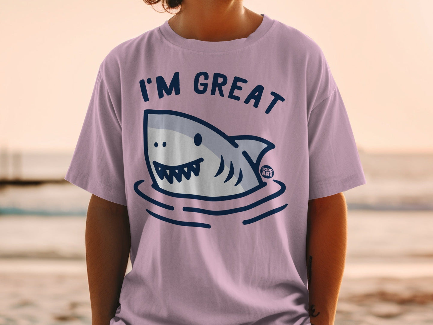 T-shirt with shark graphic and "I'M GREAT" text.