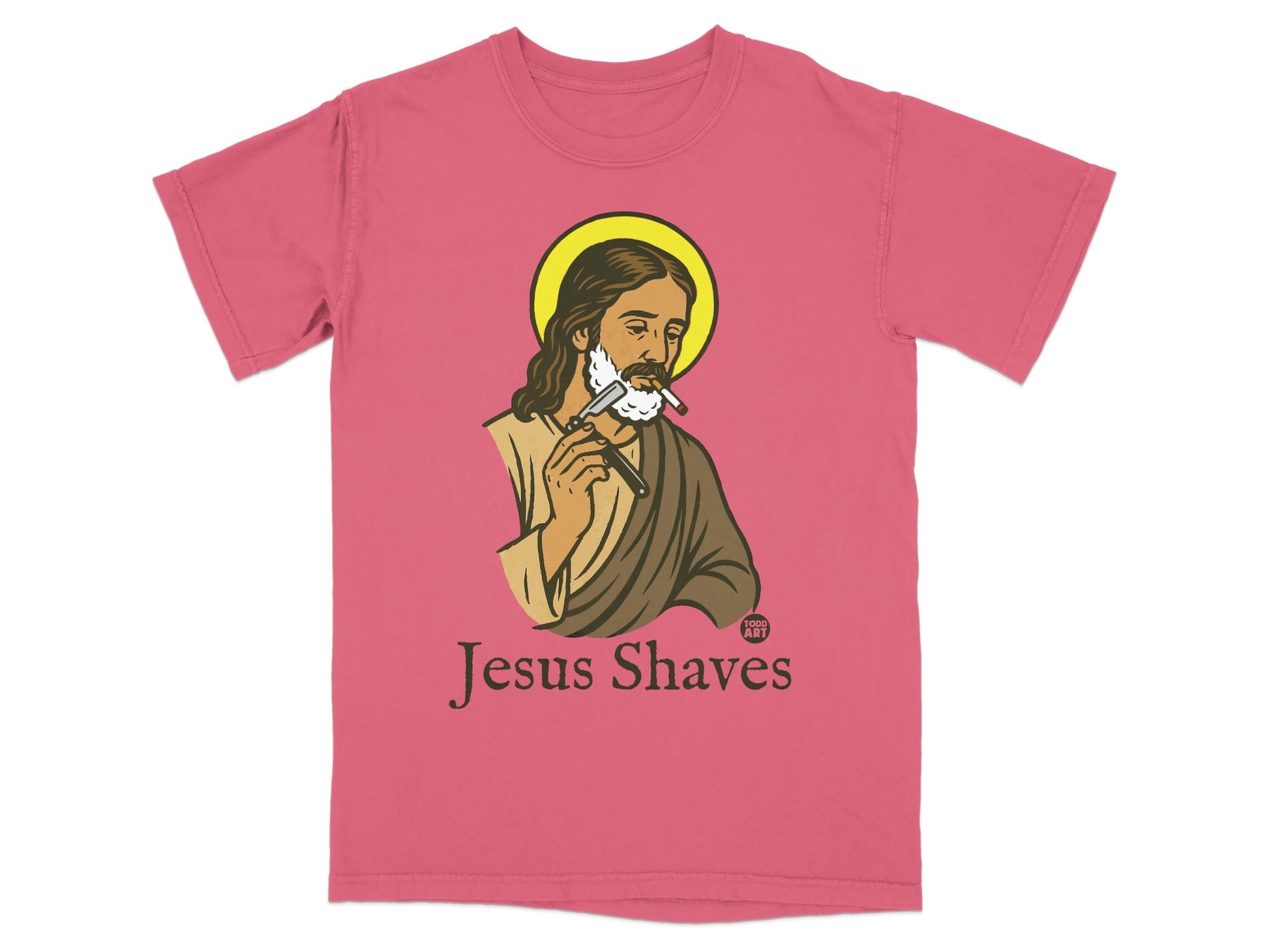 Jesus Shaves graphic on a pink t-shirt.