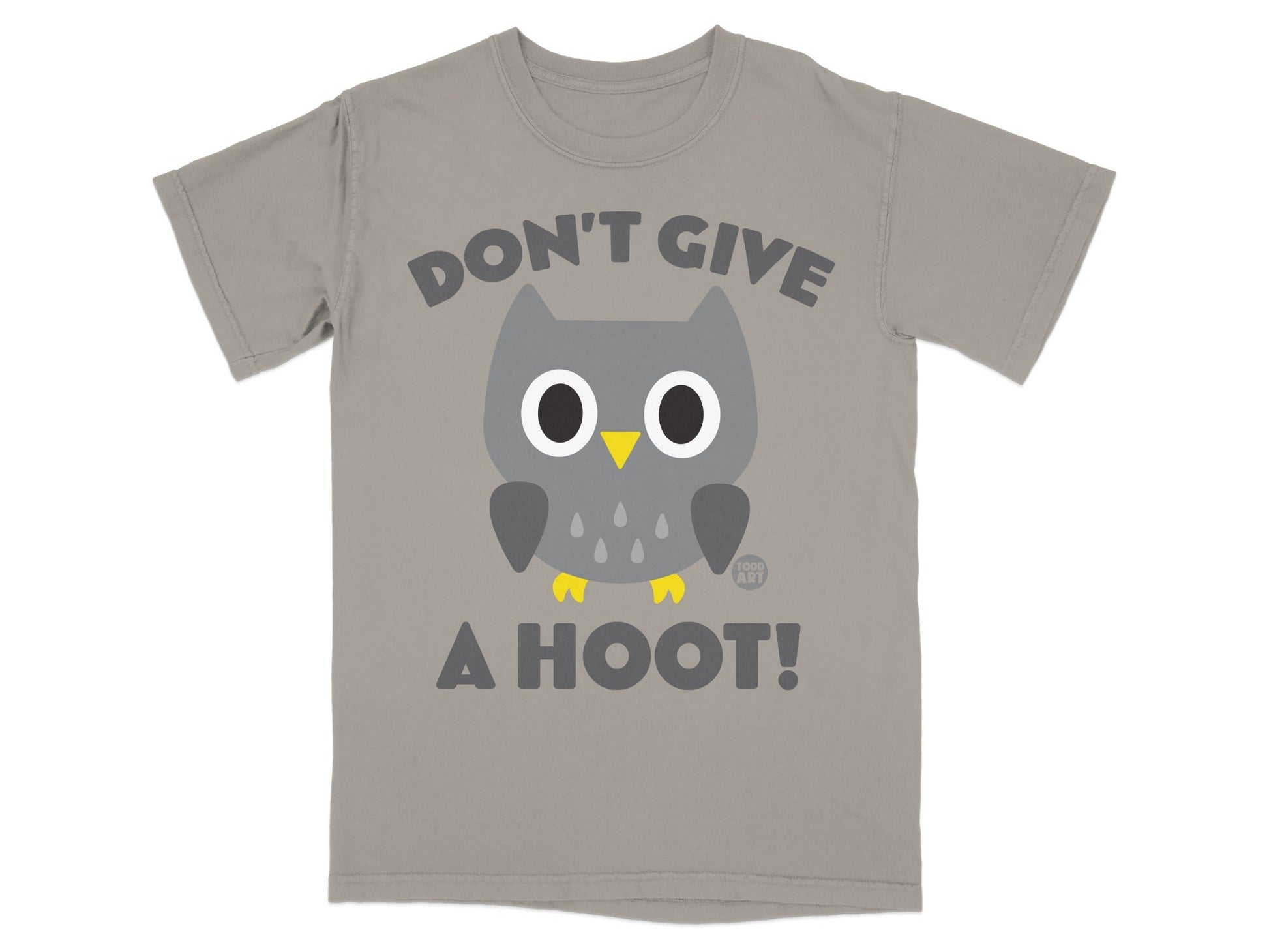 Gray t-shirt with a cartoon owl and text "DON'T GIVE A HOOT!".